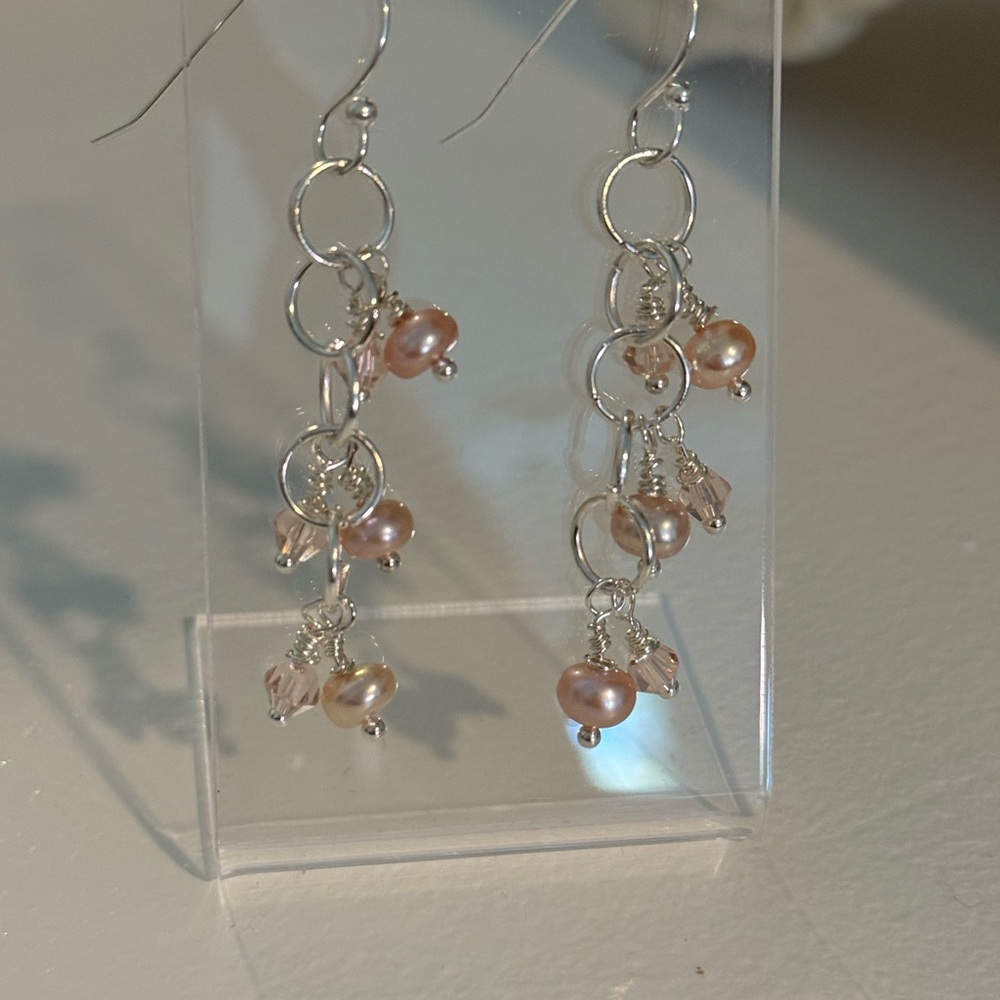 Minimalist Silver and Pink Crystal and Pearl Drop Earrings